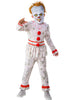 Child wearing a clown costume with white face, red buttons, and red accents on a white background