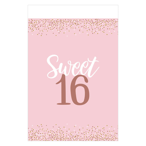 Card with 'Sweet 16' text on a pink background with gold confetti