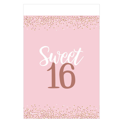 Card with 'Sweet 16' text on a pink background with gold confetti