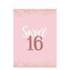 Card with 'Sweet 16' text on a pink background with gold confetti