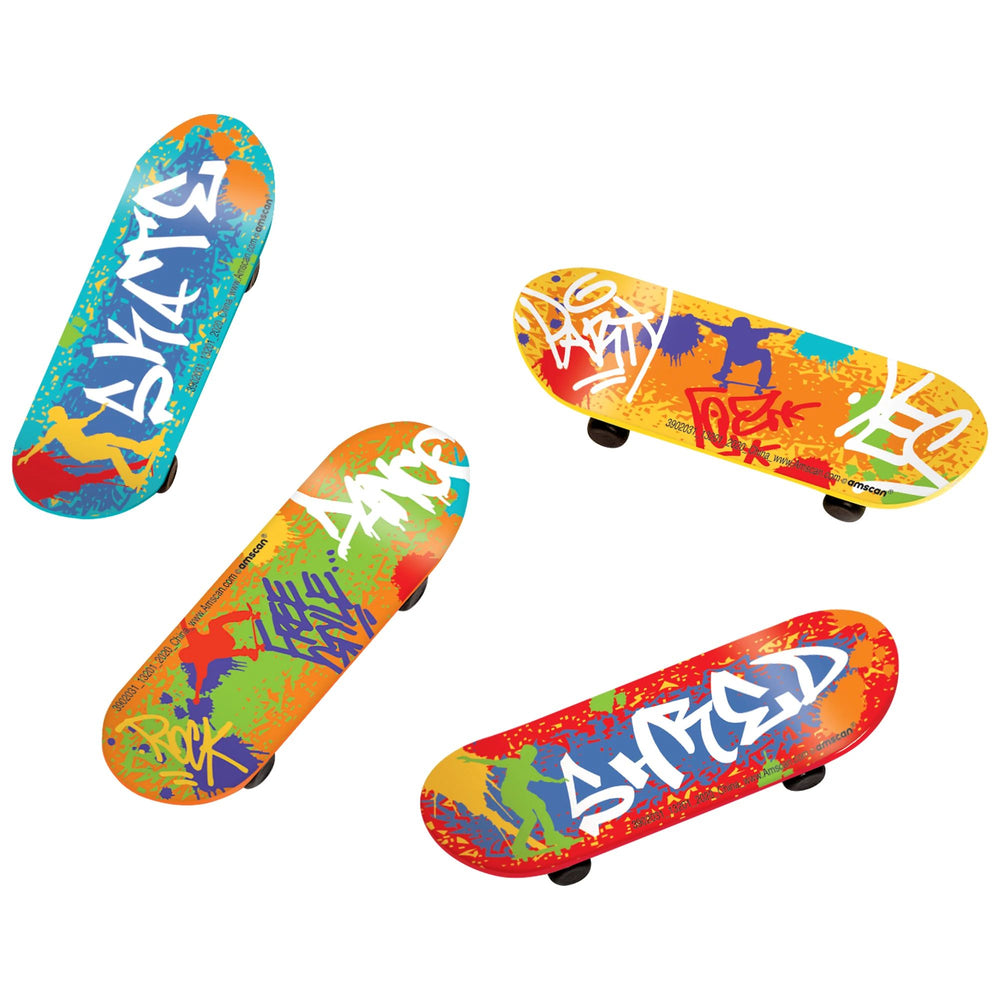 Four colorful fingerboards with graphic designs on a white background