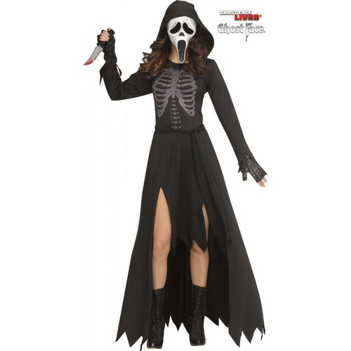 A woman modeling a Ghost Face Halloween costume against a white background. The costume includes a black hooded robe with a gray skeleton print on the chest, a black high-slit skirt, black gloves, and a white Ghost Face mask.