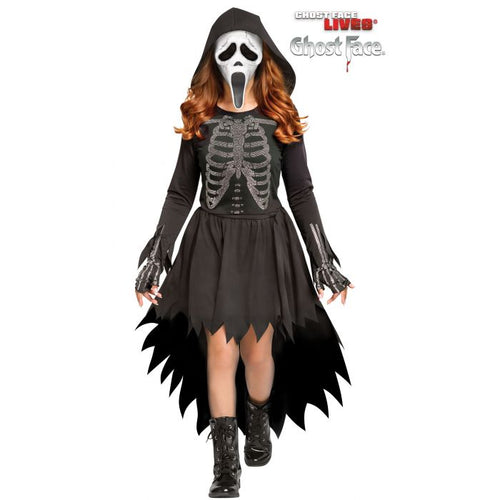 A child wearing a Ghostface Halloween costume on a plain white background. The costume includes a black hooded dress with a gray printed skeleton chest design, black fingerless gloves, and a white Ghost Face mask with black eye and mouth details.