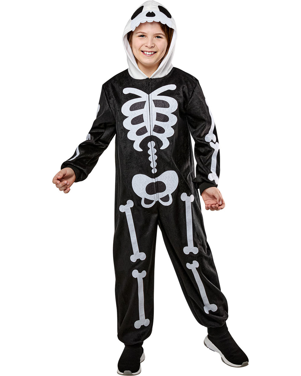 Child wearing a black skeleton costume on a white background