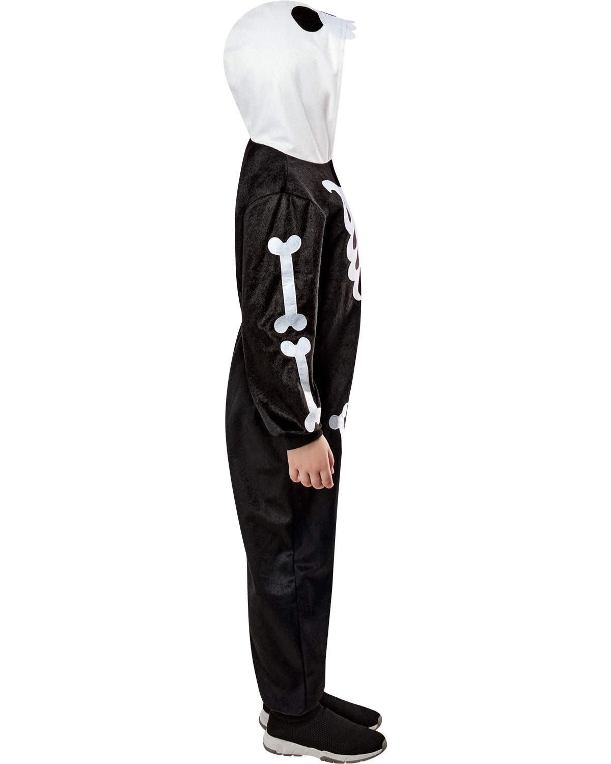 Black skeleton costume with white accents on a white background