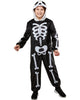 Child wearing a black skeleton costume on a white background