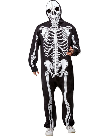 Person wearing a black skeleton onesie on a white background