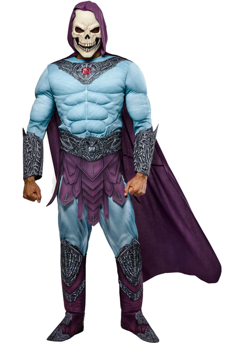 Costume of Skeletor from He-Man and the Masters of the Universe on a white background