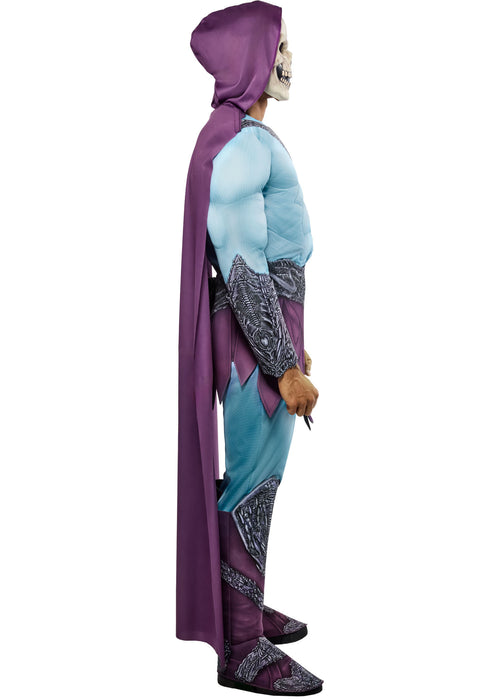 Character in a purple hooded cloak and blue outfit on a white background