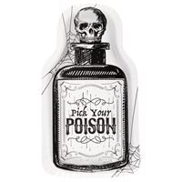 Skull with a bottle labeled 'Your Poison' on a white background