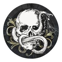 Decorative skull design with floral elements on a black background