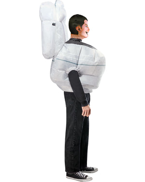 Person wearing a white inflatable costume shaped like a toilet on a white background