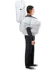 Person wearing a white inflatable costume shaped like a toilet on a white background
