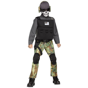 Child wearing a tactical costume with camouflage pants, black vest, and helmet on a white background