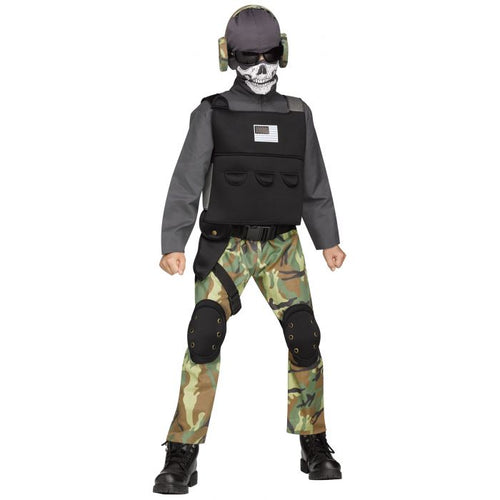 Child wearing a tactical costume with camouflage pants, black vest, and helmet on a white background