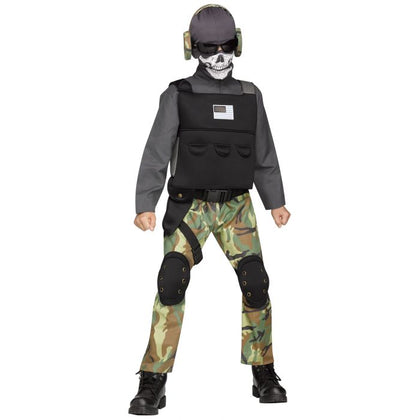 Child wearing a tactical costume with camouflage pants, black vest, and helmet on a white background