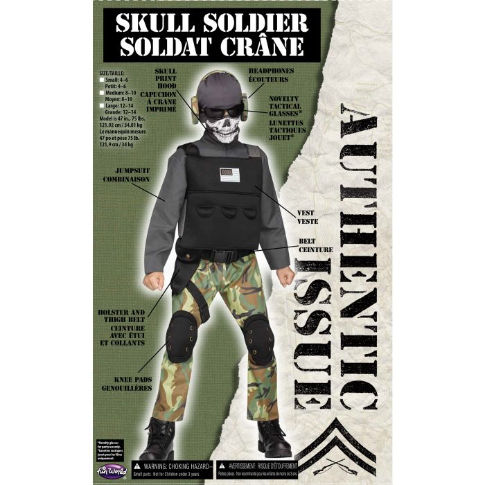 Children's costume package with skull soldier design on a white background