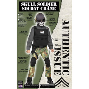 Children's costume package with skull soldier design on a white background