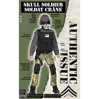 Children's costume package with skull soldier design on a white background
