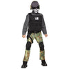 Child wearing a tactical costume with camouflage pants, black vest, and helmet on a white background