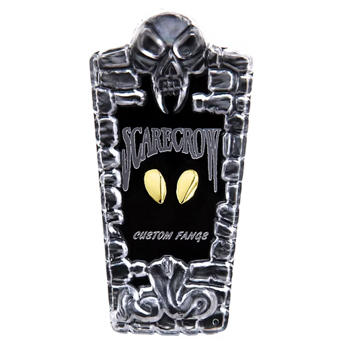 A tombstone-shaped custom fan sign featuring a black center with the words 'SCARECROW' and 'CUSTOM FANGS' in stylized white lettering, flanked by two gold oval eyes, and framed by a silver skull and stone border at the top and bottom.