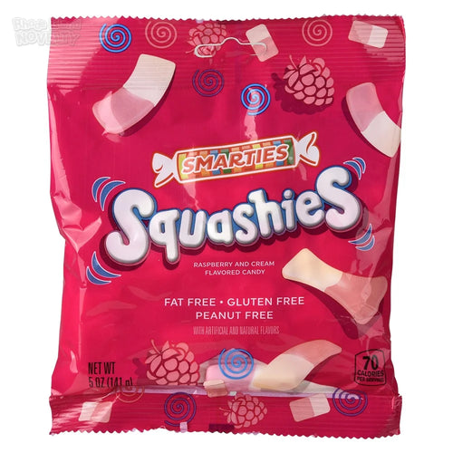Smarties Squashies packaging with red background and candy illustrations