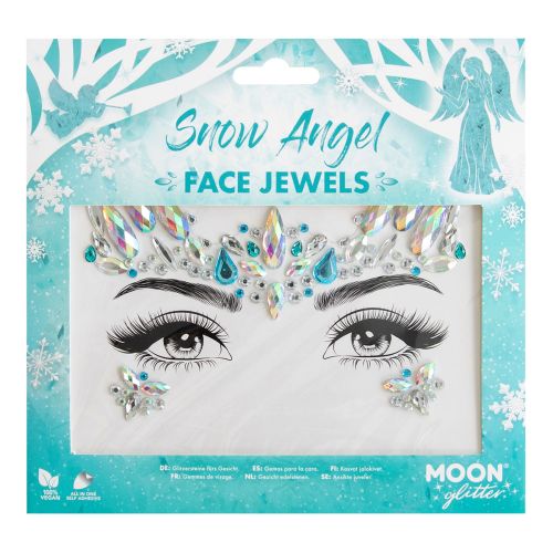 Packaging of Snow Angel face jewels with decorative elements on a blue background