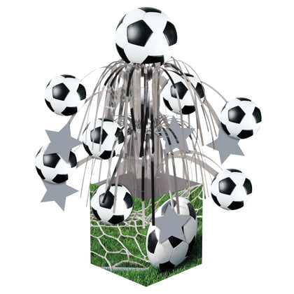 Decorative centerpiece with soccer balls and stars on a white background