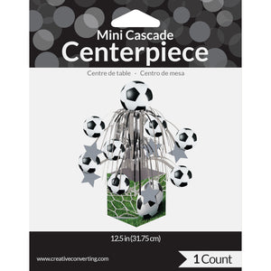 Soccer-themed mini cascade centerpiece packaging with soccer ball design on a white background.