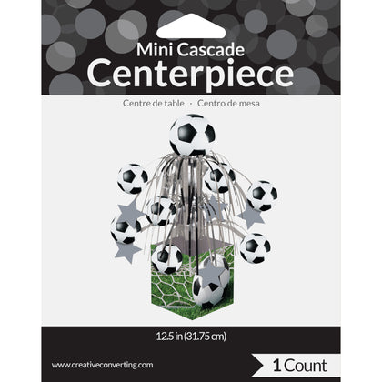 Soccer-themed mini cascade centerpiece packaging with soccer ball design on a white background.