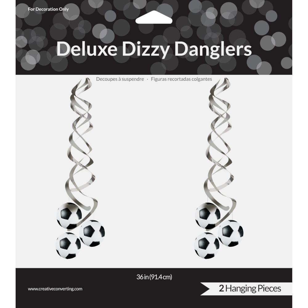 Packaging of Deluxe Dizzy Danglers with two spiral hanging decorations on a white background.