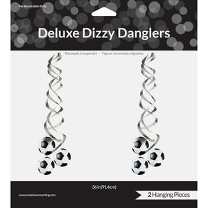 Packaging of Deluxe Dizzy Danglers with two spiral hanging decorations on a white background.