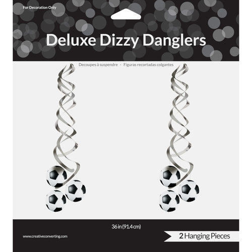 Packaging of Deluxe Dizzy Danglers with two spiral hanging decorations on a white background.