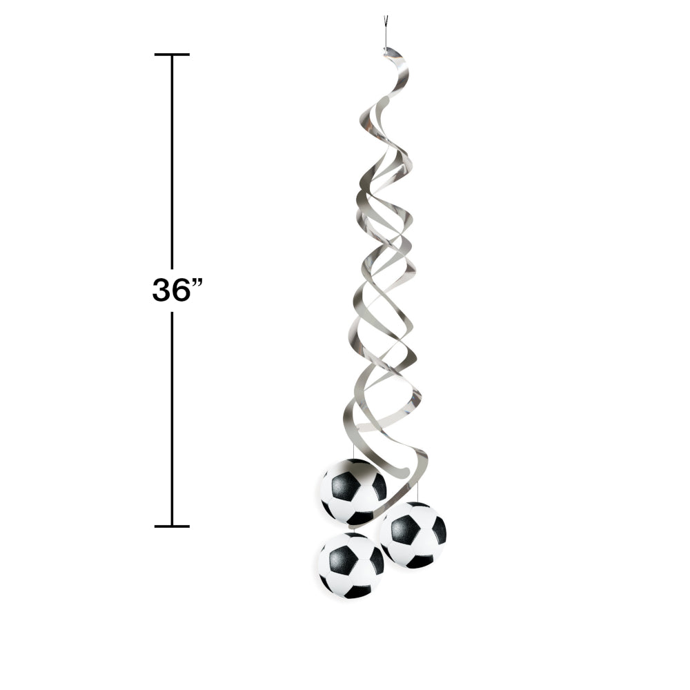 Metallic spiral decoration with soccer ball designs, 36 inches tall, on a white background