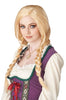 Person wearing a costume with blonde wig and traditional outfit on a white background