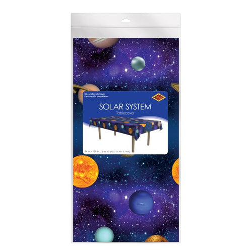 Solar system-themed tablecloth packaging with space design and planets.