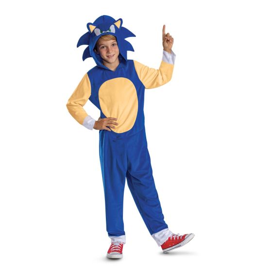 A child modeling a blue and yellow Sonic the Hedgehog costume with a hood, standing against a plain white background.