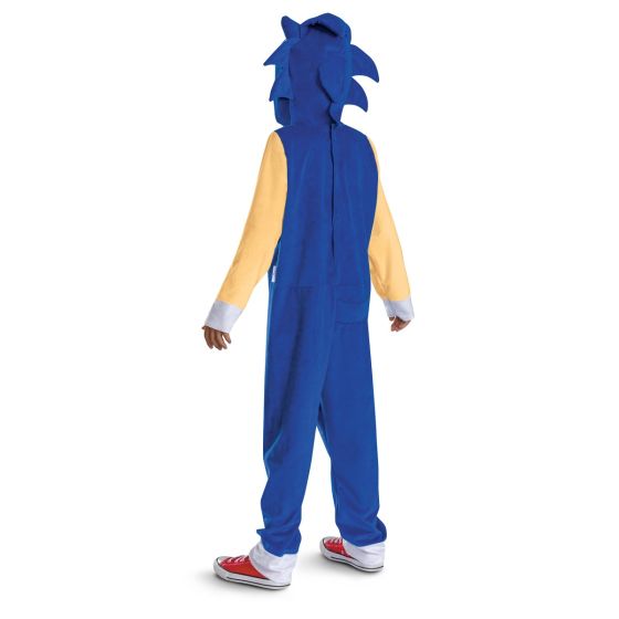 A child wearing a blue and yellow Sonic the Hedgehog hooded costume, shown from the back against a plain white background.