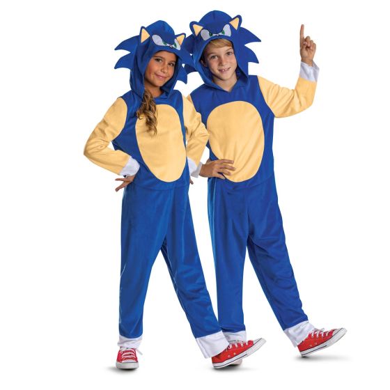 Two children modeling blue and yellow Sonic the Hedgehog costumes against a plain white background.