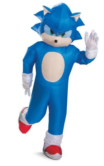 Blue mascot costume with white gloves and red shoes on a white background