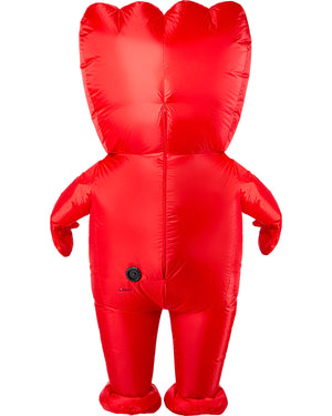 Red inflatable bear costume on a white background