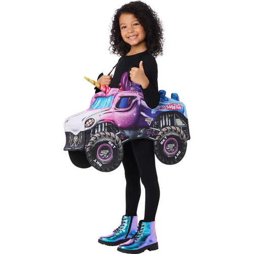 Child wearing a colorful monster truck costume on a white background