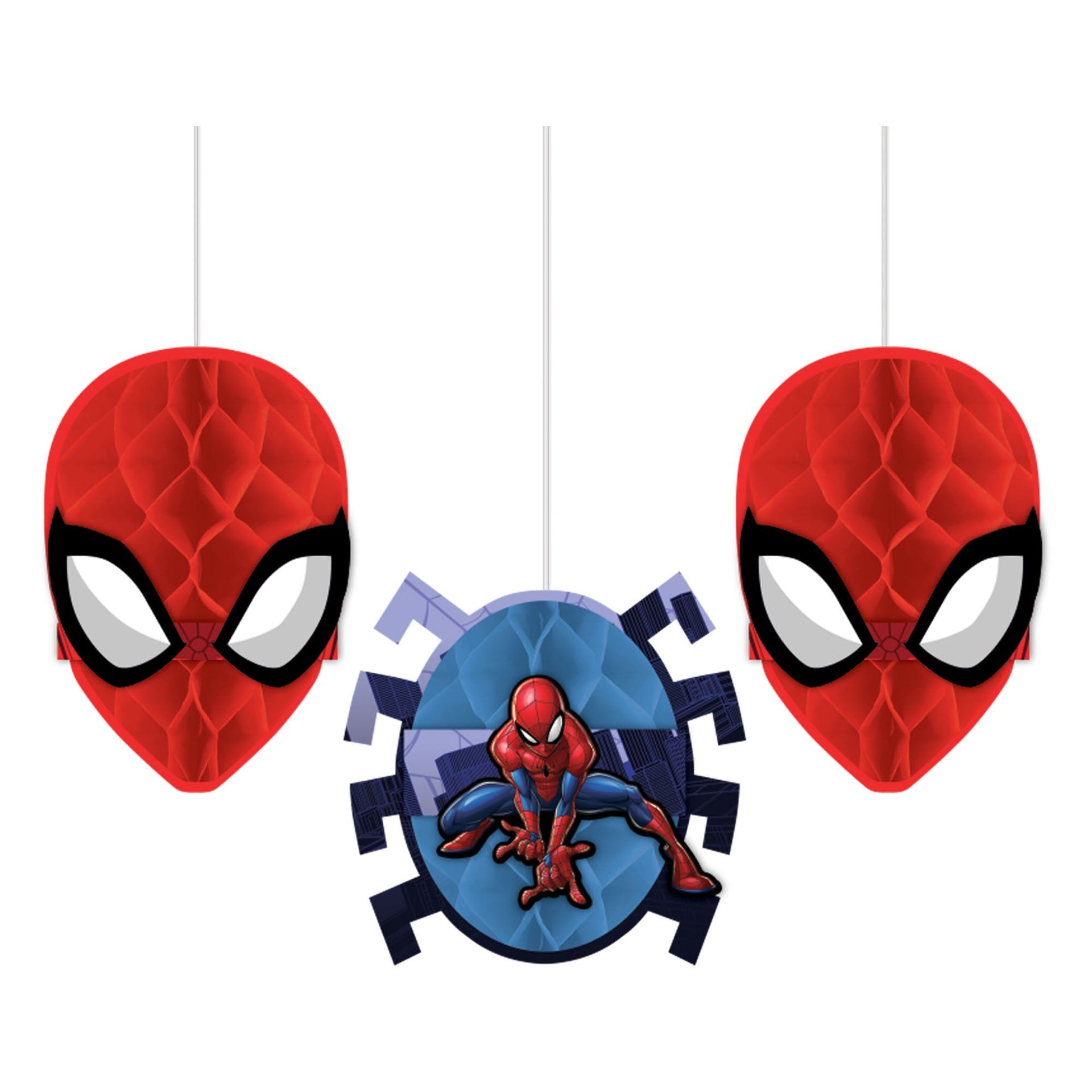 Spider-Man themed decorations with red masks and a blue center piece on a white background