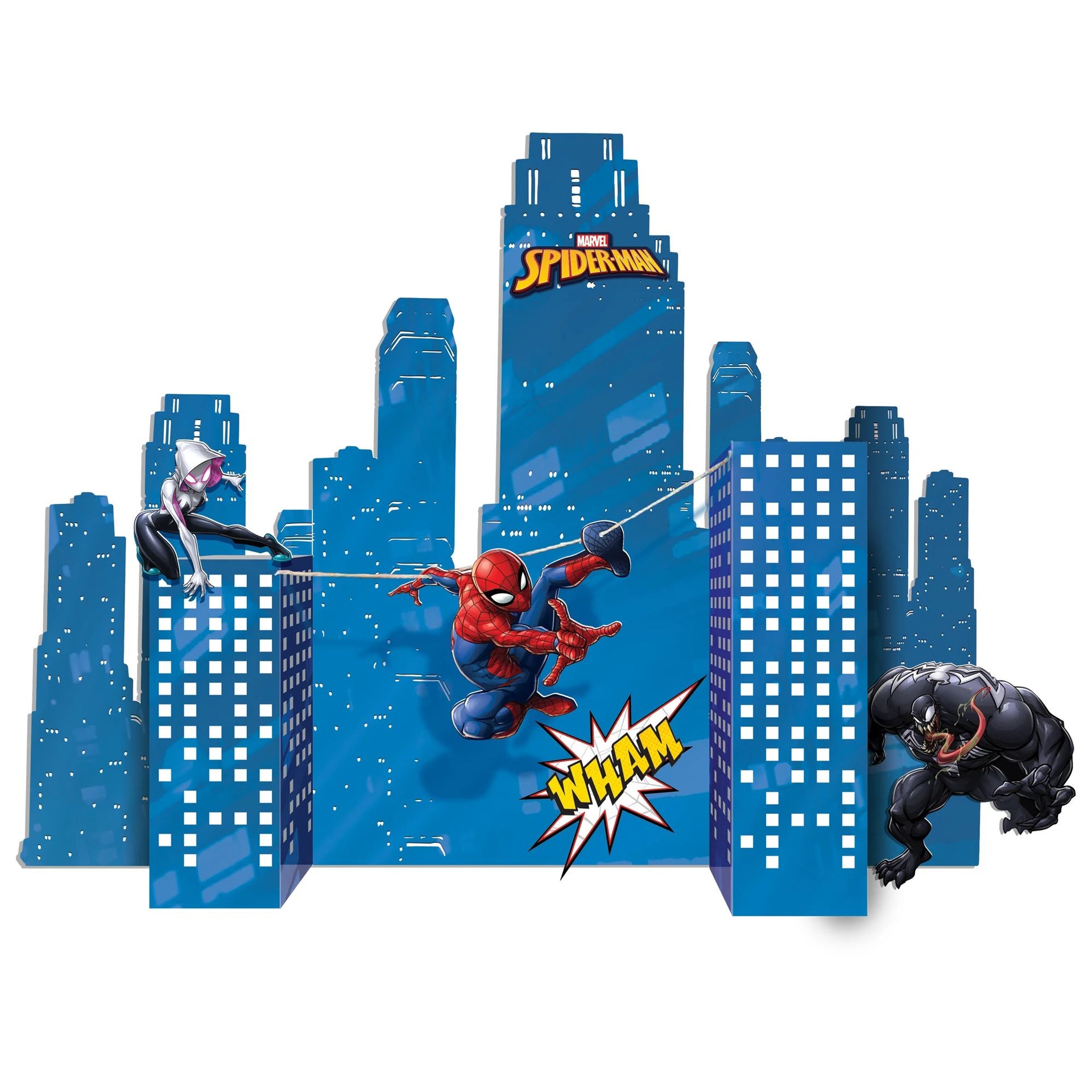 Spider-Man action figure swinging between blue city buildings with 'Spider-Man' logo.