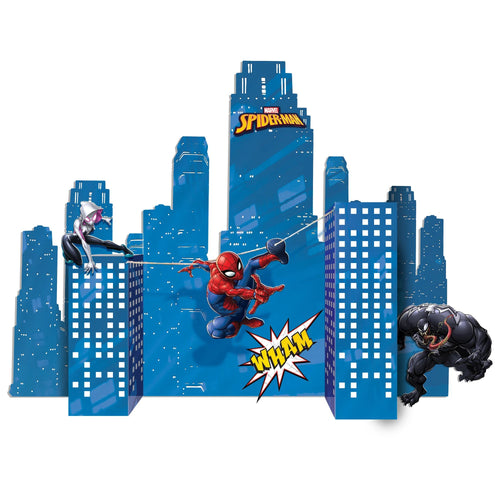 Spider-Man action figure swinging between blue city buildings with 'Spider-Man' logo.
