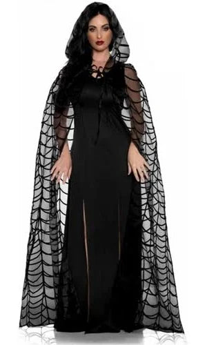 Woman wearing a black dress with a spiderweb cape on a white background