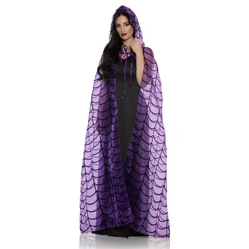 Woman wearing a purple spider web cape on a white background