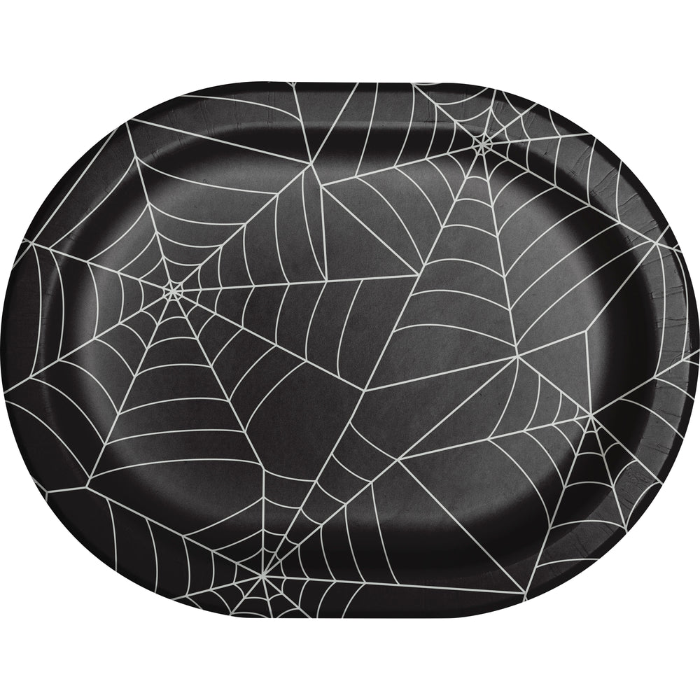 Black paper plate with spider web design on a white background