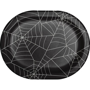 Black paper plate with spider web design on a white background
