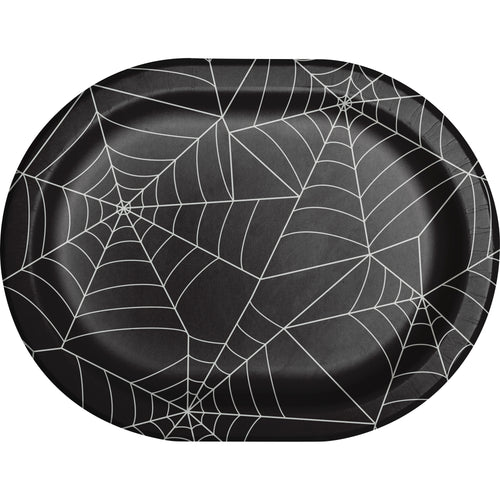 Black paper plate with spider web design on a white background
